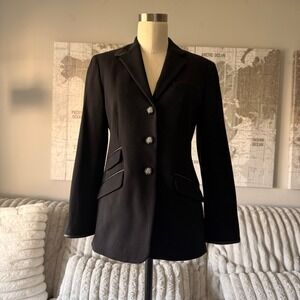 Lauren Ralph Lauren Petite Black Wool Equestrian Blazer Leather Trim 2P